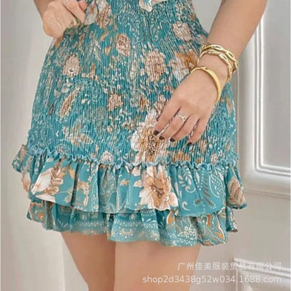 LVSANW 2024 Spring Summer New Women's Clothing Printed V-neck Ruffled Waist-Tight Hip-Wrapped Dress