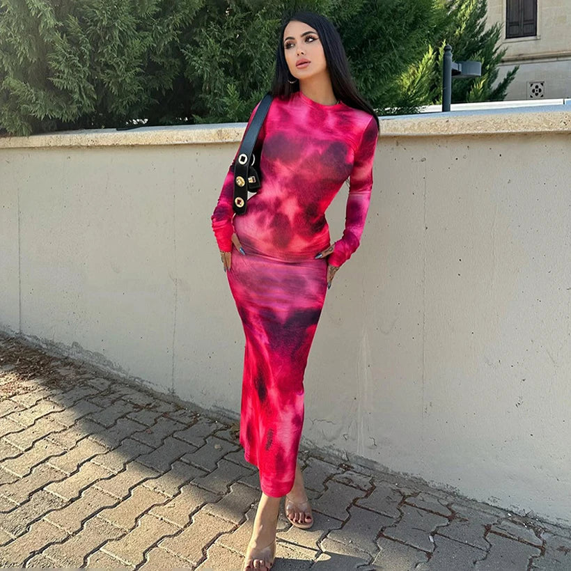 LVSANW 2024 Spring/Summer Tie Dyed Long sleeve Dress Women's Slim Fit Long Dress Sexy Spicy Girl Wrap Hip Skirt Casual Women's Clothing