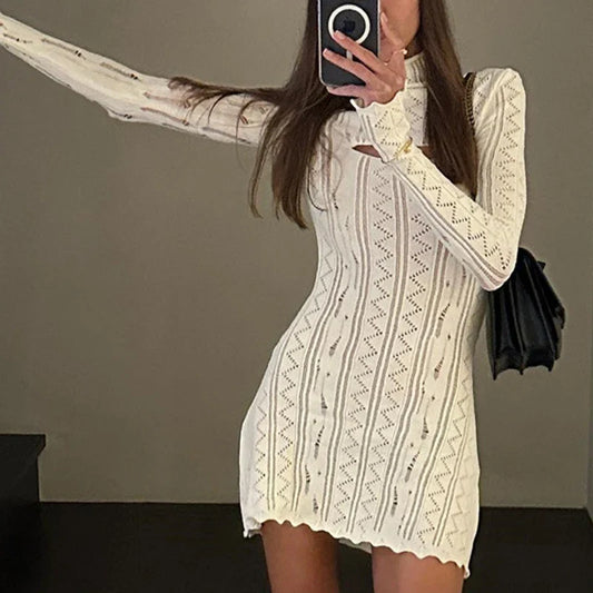 LVSANW 2024 Spring Turtleneck Hollow Out Knitted Dress Women Sexy Wave Jacquard Mini Short Dress Autumn Long Sleeve Bodycon Party Dress