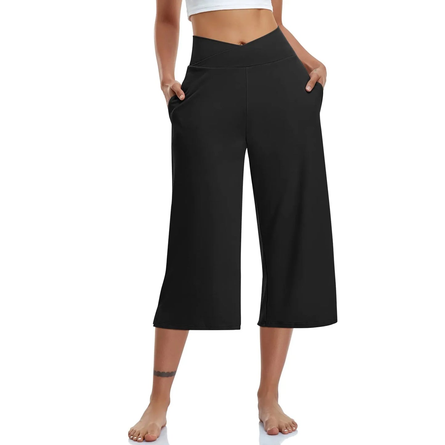 LVSANW 2024 Spring and Summer Women Elastic High Waist 3/4 Pant Solid Casual Active Fit Wide Capris Leg Pants Trousers With Pockets