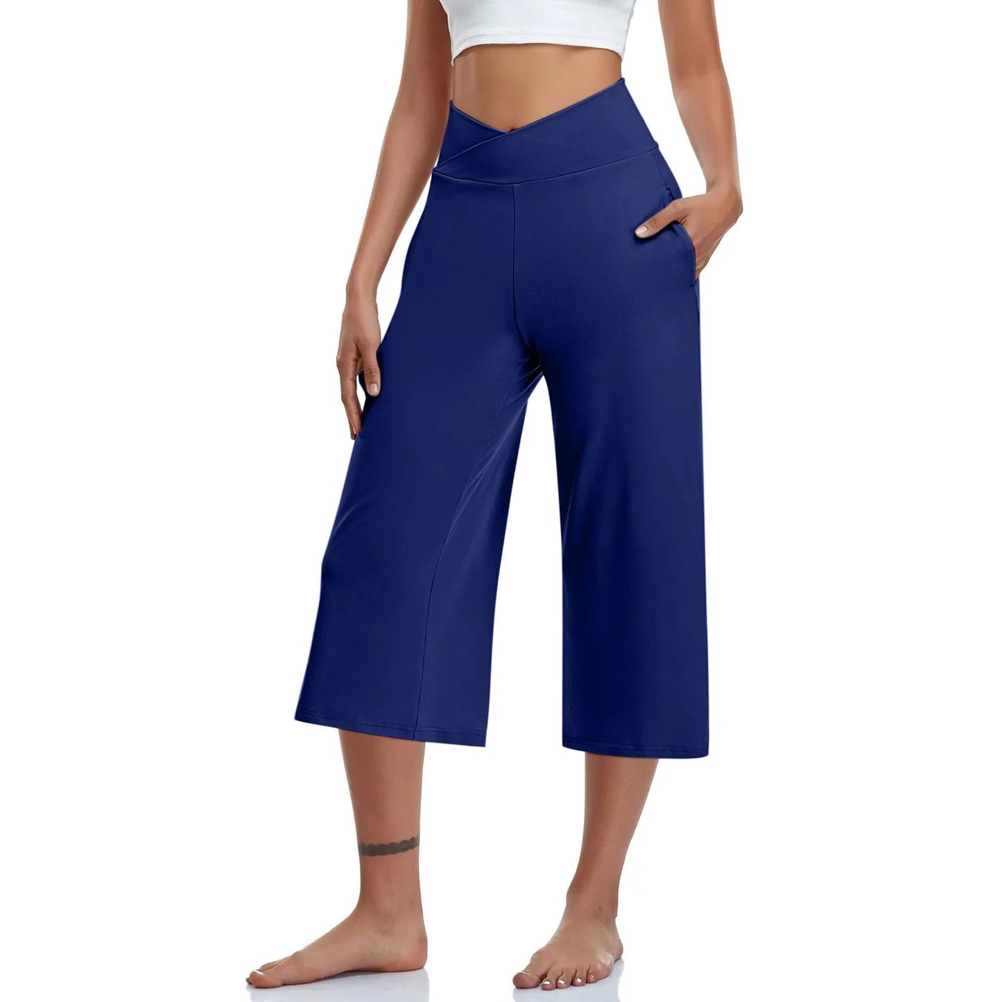 LVSANW 2024 Spring and Summer Women Elastic High Waist 3/4 Pant Solid Casual Active Fit Wide Capris Leg Pants Trousers With Pockets