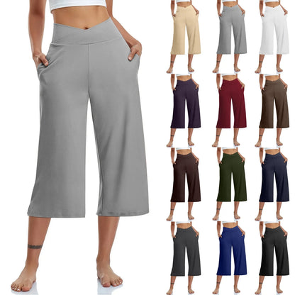 LVSANW 2024 Spring and Summer Women Elastic High Waist 3/4 Pant Solid Casual Active Fit Wide Capris Leg Pants Trousers With Pockets