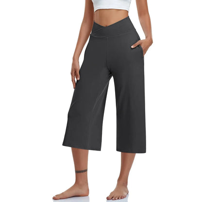 LVSANW 2024 Spring and Summer Women Elastic High Waist 3/4 Pant Solid Casual Active Fit Wide Capris Leg Pants Trousers With Pockets