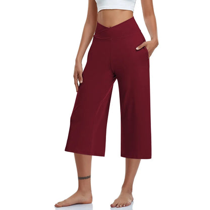 LVSANW 2024 Spring and Summer Women Elastic High Waist 3/4 Pant Solid Casual Active Fit Wide Capris Leg Pants Trousers With Pockets