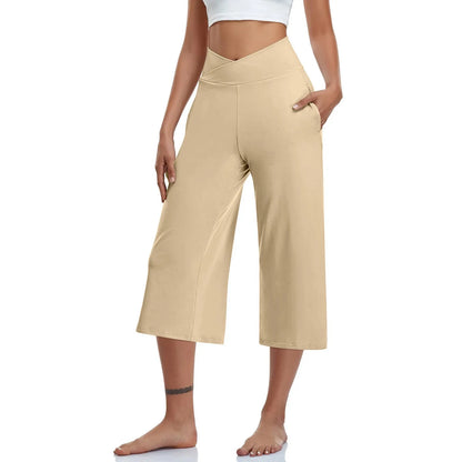 LVSANW 2024 Spring and Summer Women Elastic High Waist 3/4 Pant Solid Casual Active Fit Wide Capris Leg Pants Trousers With Pockets