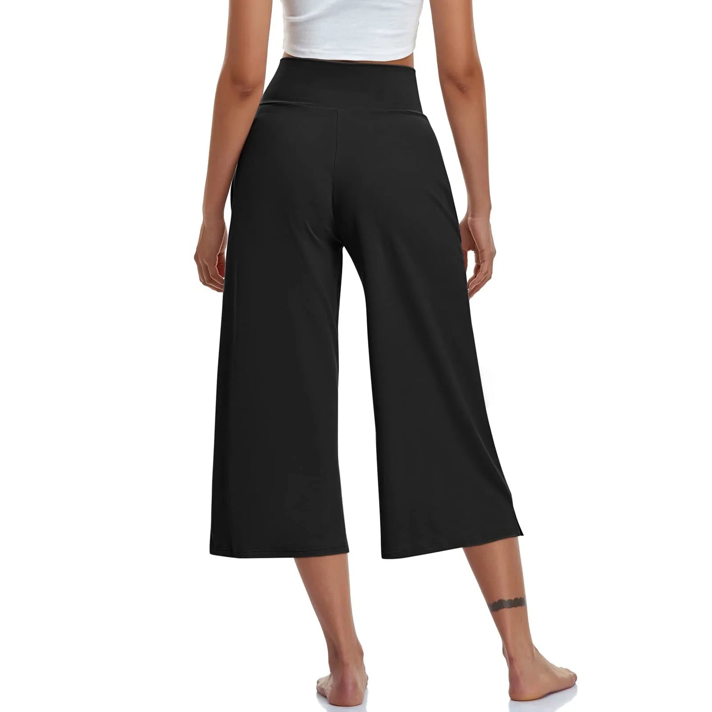 LVSANW 2024 Spring and Summer Women Elastic High Waist 3/4 Pant Solid Casual Active Fit Wide Capris Leg Pants Trousers With Pockets