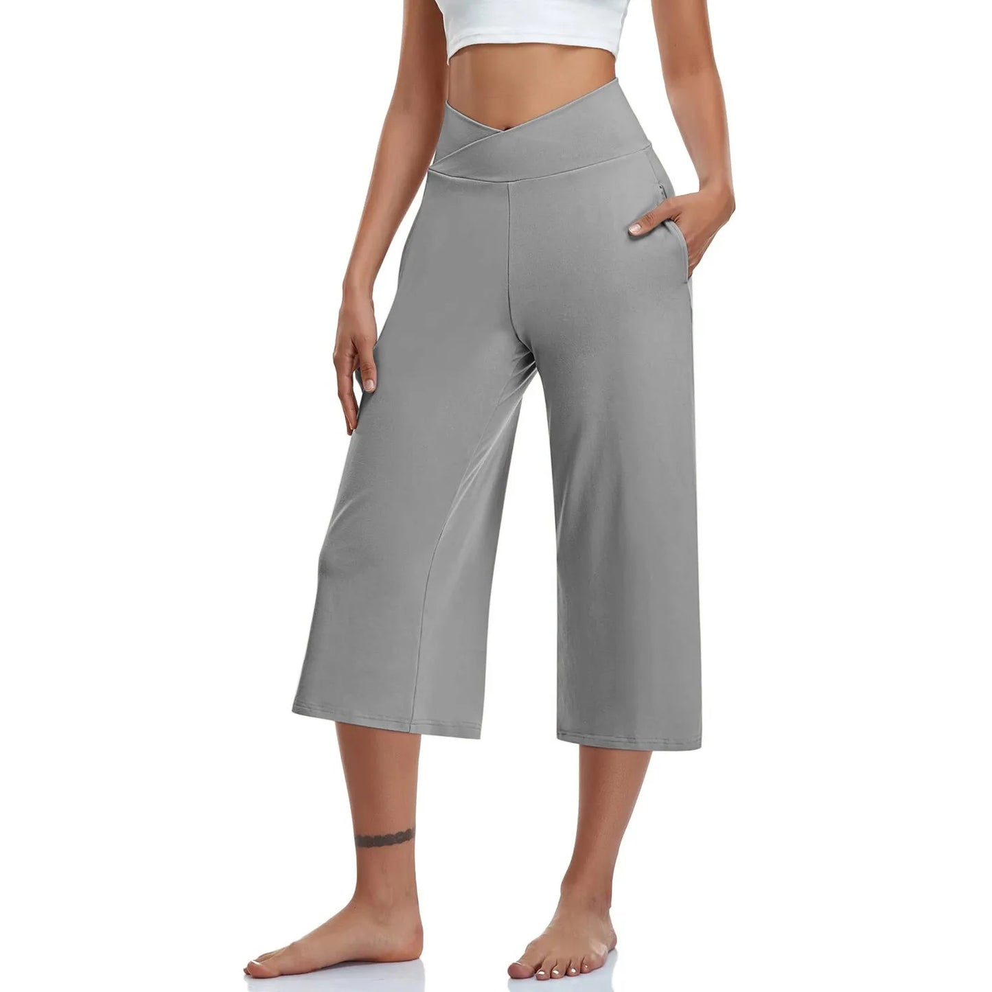 LVSANW 2024 Spring and Summer Women Elastic High Waist 3/4 Pant Solid Casual Active Fit Wide Capris Leg Pants Trousers With Pockets