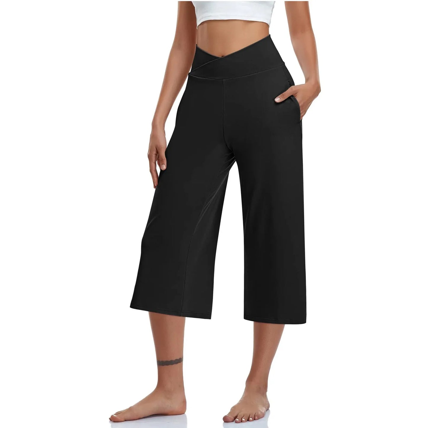 LVSANW 2024 Spring and Summer Women Elastic High Waist 3/4 Pant Solid Casual Active Fit Wide Capris Leg Pants Trousers With Pockets