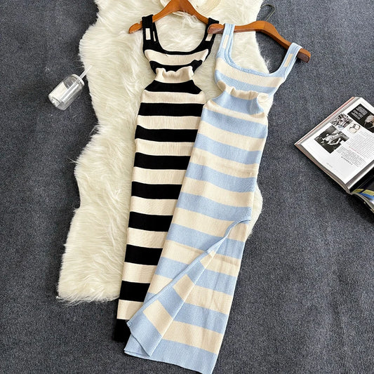 LVSANW 2024 Stripe Summer Elastic Split Bodycon Dress Sexy Beach Vacation Sundress Women Casual Slim Pencil Vestidos Maxi Long Dress