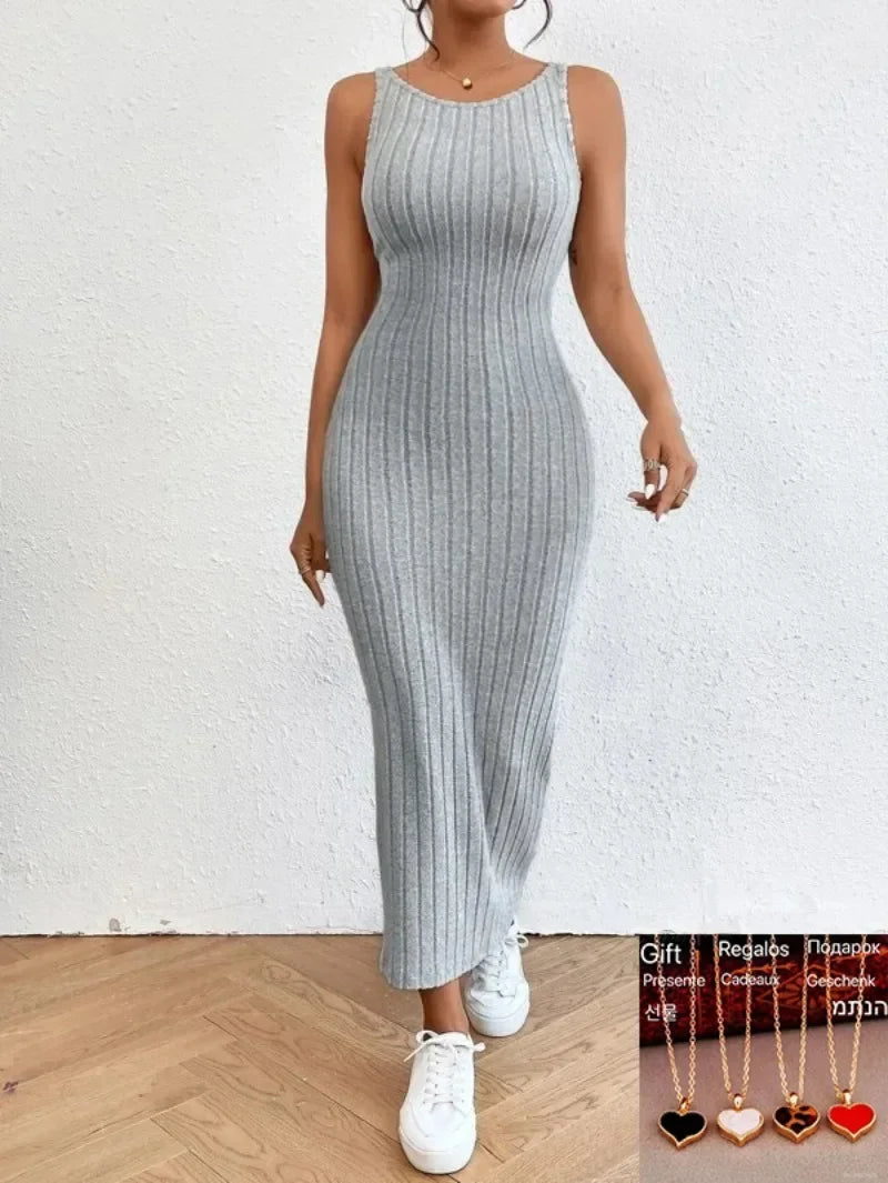 LVSANW 2024 Summer Backless Knit Bodycon Long Dress Women's Elegant Sleeveless O Neck Tank Dress Street Vacation Beach Casual Sundress