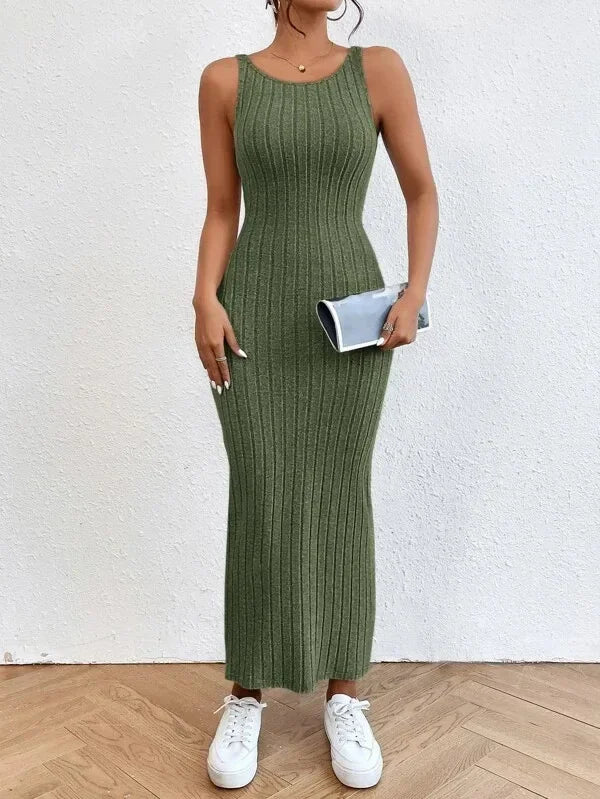 LVSANW 2024 Summer Backless Knit Bodycon Long Dress Women's Elegant Sleeveless O Neck Tank Dress Street Vacation Beach Casual Sundress