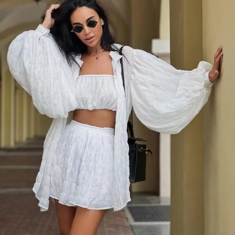 LVSANW 2024 Summer Casual Loose Green 3 Piece Sets Women Outfit Fashion Long Sleeve Top + Tube Top Matching High Waist Shorts Set New