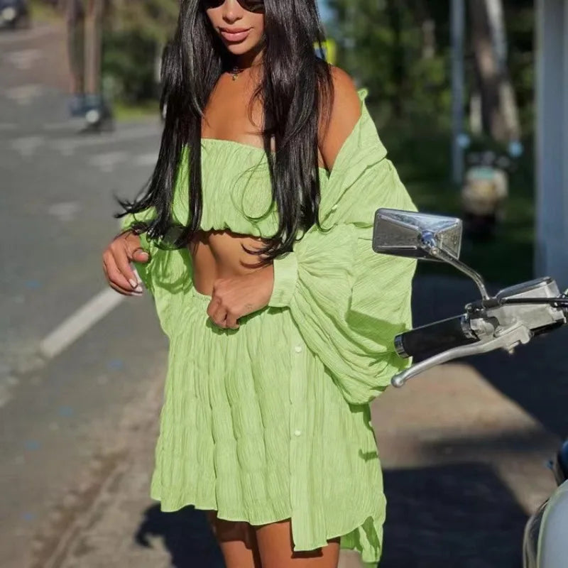 LVSANW 2024 Summer Casual Loose Green 3 Piece Sets Women Outfit Fashion Long Sleeve Top + Tube Top Matching High Waist Shorts Set New