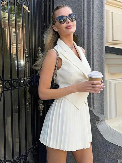 LVSANW 2024 Summer Elegant Vest Skirt Suit Women V-neck Double Breasted Irregular Vests Pleated Skirts Suits 2024 Summer Lady Outfit