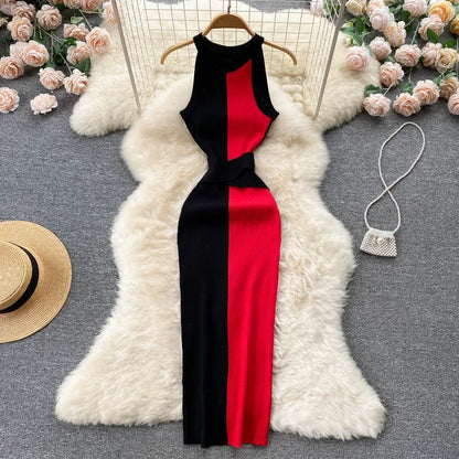 LVSANW 2024 Summer Women Dress Elegant Rib Knit Slim Waist Bandage Pencil Dress Office Lady Sleeveless Bodycon Sweater Dress