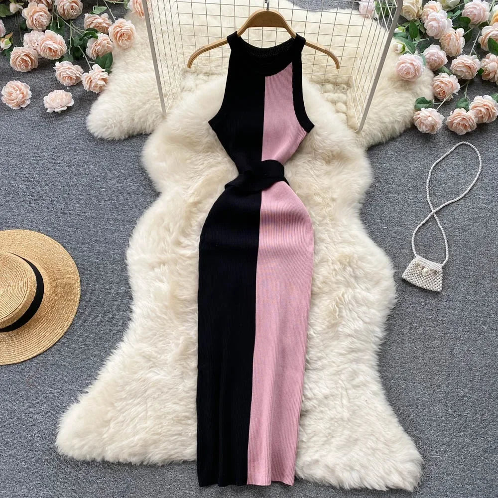 LVSANW 2024 Summer Women Dress Elegant Rib Knit Slim Waist Bandage Pencil Dress Office Lady Sleeveless Bodycon Sweater Dress