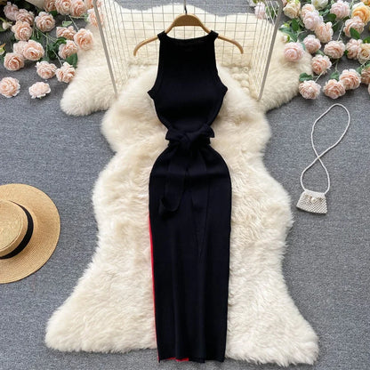 LVSANW 2024 Summer Women Dress Elegant Rib Knit Slim Waist Bandage Pencil Dress Office Lady Sleeveless Bodycon Sweater Dress