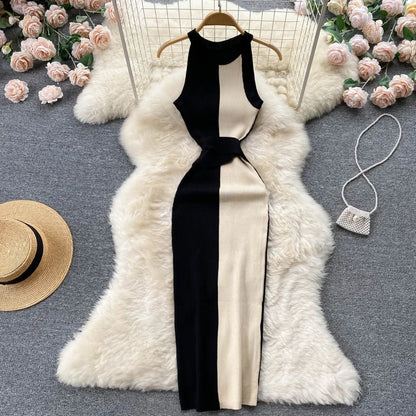 LVSANW 2024 Summer Women Dress Elegant Rib Knit Slim Waist Bandage Pencil Dress Office Lady Sleeveless Bodycon Sweater Dress