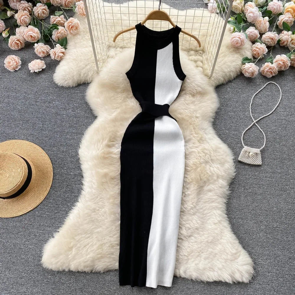 LVSANW 2024 Summer Women Dress Elegant Rib Knit Slim Waist Bandage Pencil Dress Office Lady Sleeveless Bodycon Sweater Dress