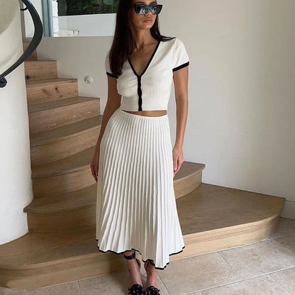 LVSANW 2024 Summer Women White long Skirt Suit Short Sleeve V-neck crop top pleated set elegant dress 2 piece skirt set Plus Size S-3XL