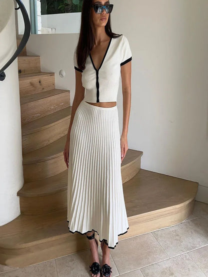 LVSANW 2024 Summer Women White long Skirt Suit Short Sleeve V-neck crop top pleated set elegant dress 2 piece skirt set Plus Size S-3XL