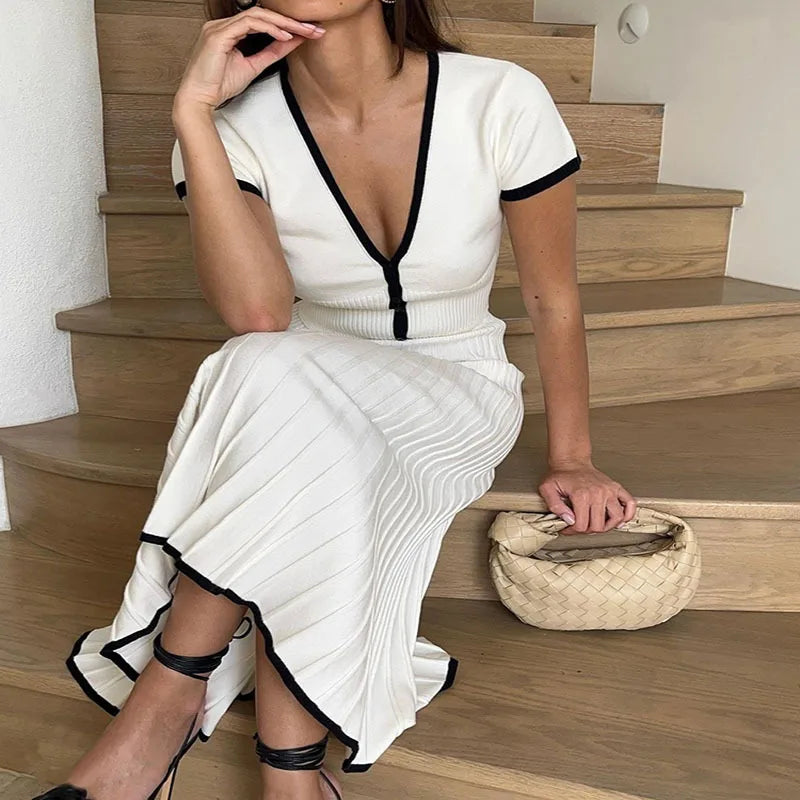 LVSANW 2024 Summer Women White long Skirt Suit Short Sleeve V-neck crop top pleated set elegant dress 2 piece skirt set Plus Size S-3XL