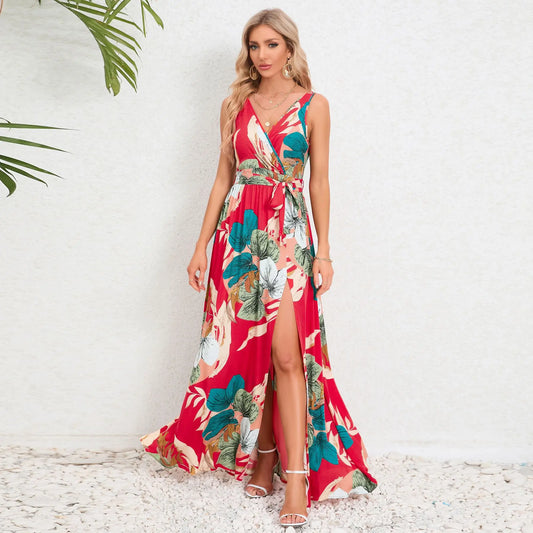 LVSANW 2024 Summer Women's New Double V-neck Sleeveless Split Printed Long Strap Dress for Women