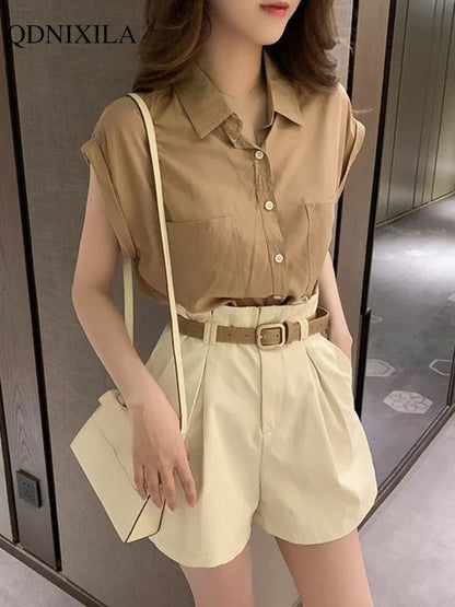 LVSANW 2024 Summer Women's Shorts Sets Design Fashion Elegant Thin Loose Fashion Sleeveless French Shirts Wide Leg Shorts 2 Piece Set