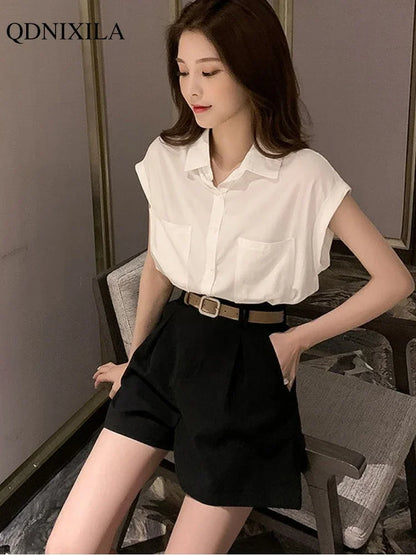 LVSANW 2024 Summer Women's Shorts Sets Design Fashion Elegant Thin Loose Fashion Sleeveless French Shirts Wide Leg Shorts 2 Piece Set