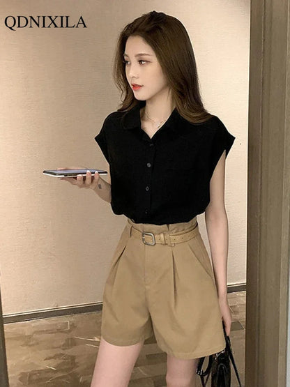 LVSANW 2024 Summer Women's Shorts Sets Design Fashion Elegant Thin Loose Fashion Sleeveless French Shirts Wide Leg Shorts 2 Piece Set