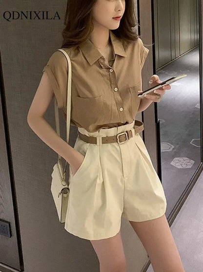 LVSANW 2024 Summer Women's Shorts Sets Design Fashion Elegant Thin Loose Fashion Sleeveless French Shirts Wide Leg Shorts 2 Piece Set