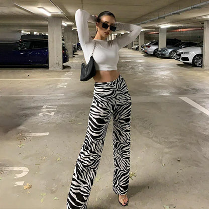 LVSANW 2024 Summer Zebra Print Wide Leg Pants Y2K Trousers Sexy High Waist Women New Fashion Casual Female Stripe Streetwear 16395