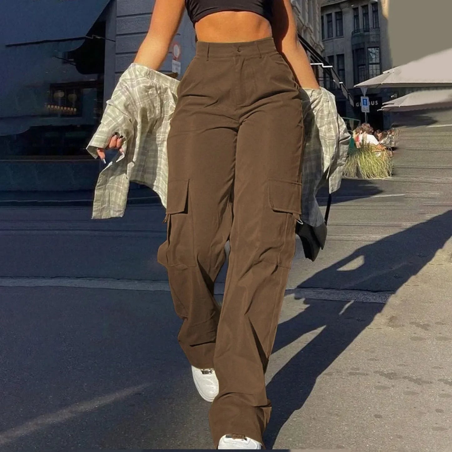 LVSANW 2024 Trendy Women Wide Leg Cargo Pants Street Vibes Flap Pockets Drawstring Ruched High Waist Parachute Women Pants