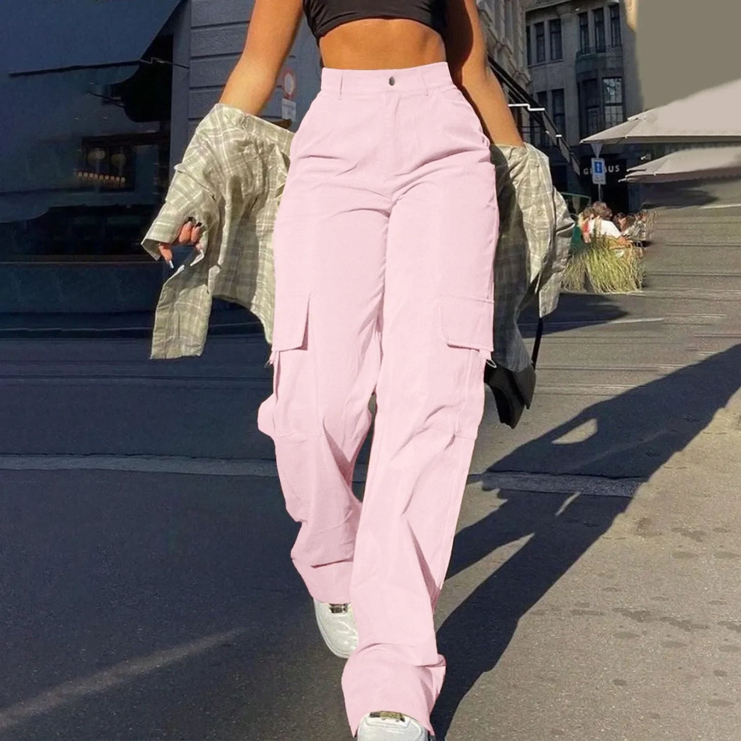 LVSANW 2024 Trendy Women Wide Leg Cargo Pants Street Vibes Flap Pockets Drawstring Ruched High Waist Parachute Women Pants