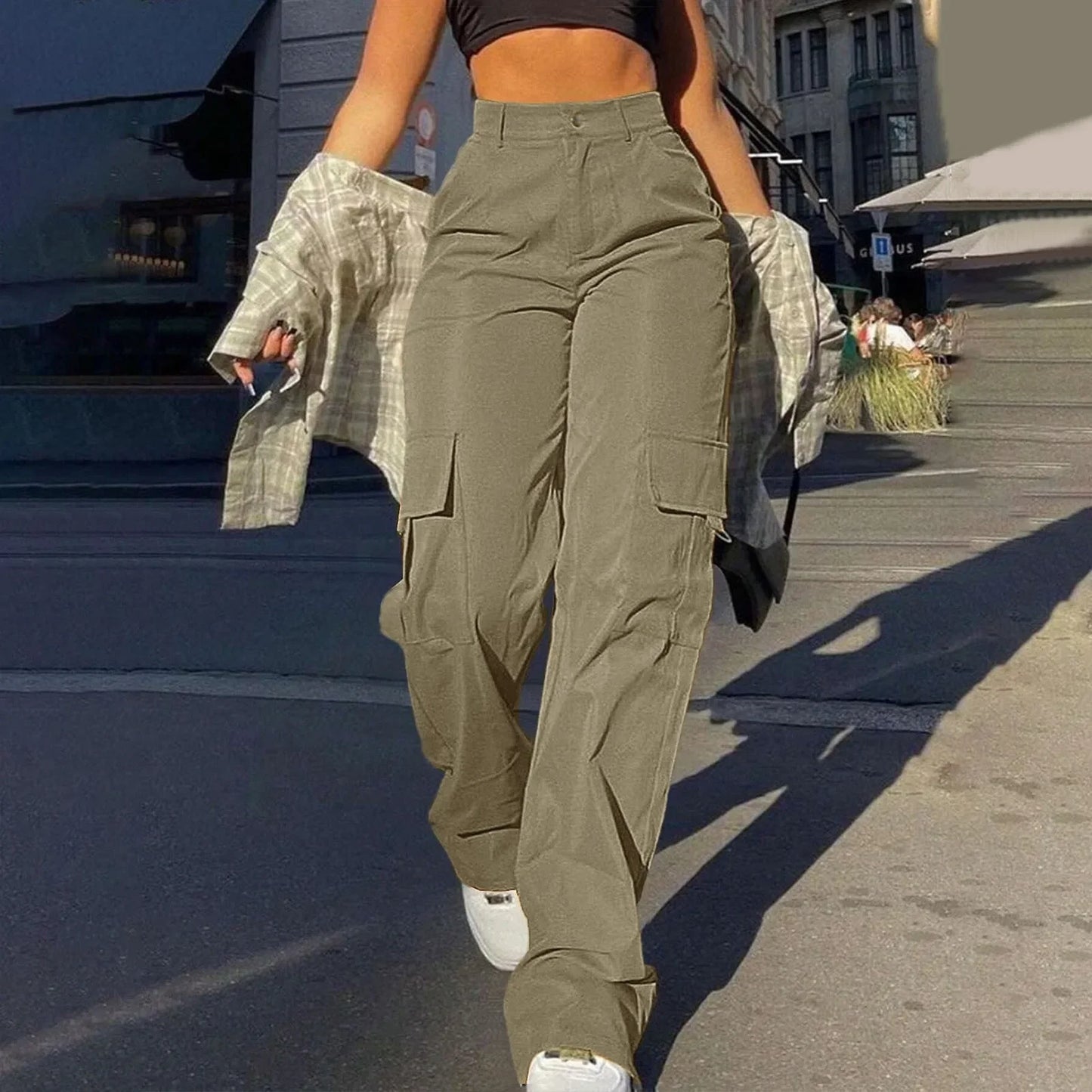 LVSANW 2024 Trendy Women Wide Leg Cargo Pants Street Vibes Flap Pockets Drawstring Ruched High Waist Parachute Women Pants