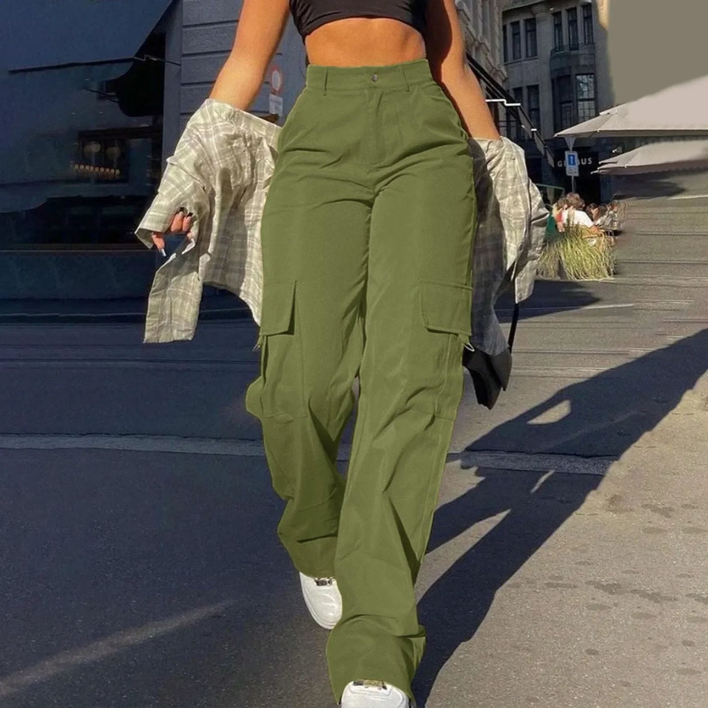 LVSANW 2024 Trendy Women Wide Leg Cargo Pants Street Vibes Flap Pockets Drawstring Ruched High Waist Parachute Women Pants