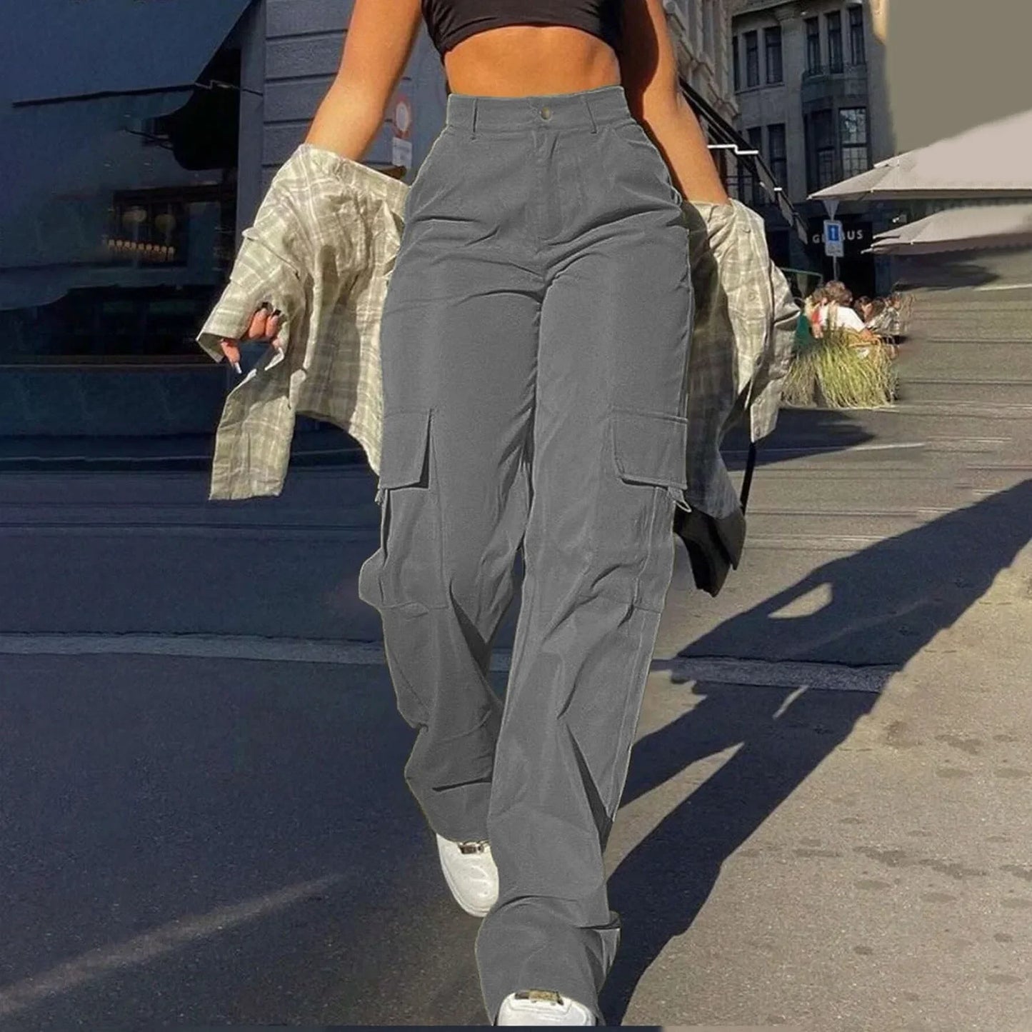 LVSANW 2024 Trendy Women Wide Leg Cargo Pants Street Vibes Flap Pockets Drawstring Ruched High Waist Parachute Women Pants