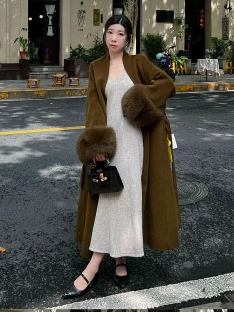 LVSANW 2024 Warm Long Coat With Belt Women's Elegant Warm Wool Blend Trench Coat Winter Clothes Fashion Outerwear Trench Coat