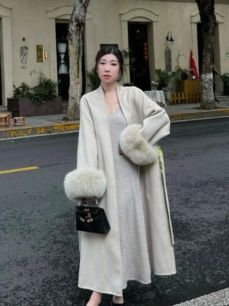 LVSANW 2024 Warm Long Coat With Belt Women's Elegant Warm Wool Blend Trench Coat Winter Clothes Fashion Outerwear Trench Coat