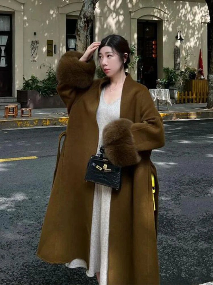 LVSANW 2024 Warm Long Coat With Belt Women's Elegant Warm Wool Blend Trench Coat Winter Clothes Fashion Outerwear Trench Coat