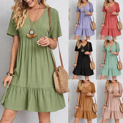 LVSANW 2024 Women Mini Dress Summer Casual Solid V Neck Ruffles A-line Dress Female Fashion Holiday Boho Loose Beach Elegant Dresses