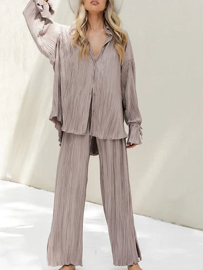 LVSANW 2024 Women Pleated 2 Piece Sets Long Sleeve Blouse Tops And Split Wide Leg Pant Suit Female Fashion Casual Loose Homewear Outfit