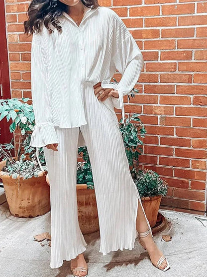 LVSANW 2024 Women Pleated 2 Piece Sets Long Sleeve Blouse Tops And Split Wide Leg Pant Suit Female Fashion Casual Loose Homewear Outfit