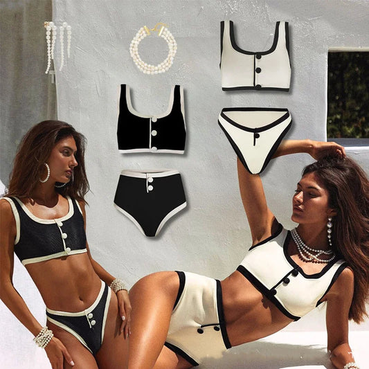 LVSANW 2024 new European and American black and white simple ins wind high sense split swimsuit female small fragrance wind than base.