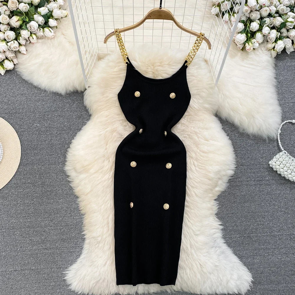 LVSANW 2024 vSexy Sleeveless Elastic  Knit Bodycon  Dress  Sexy Chic Vestidos Women Summer Slim Women Chain Slip Dress