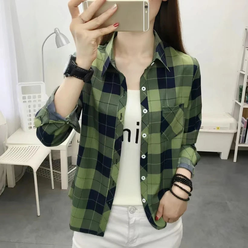 LVSANW 2024Spring and Autumn New College Style Women's Long sleeved Bottom Top Cardigan Long sleeved Fashion Plaid Shirt