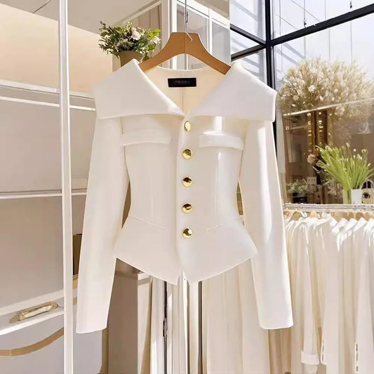 LVSANW 2025 Autumn Women's White Coat Waist Long Sleeve Slim Chic Short Outwear High-End Solid Color Top Clothing Office Jackets Ladies