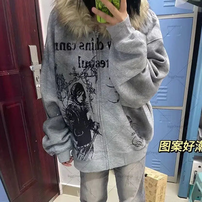 LVSANW 2025 High Street Trendy Brand Y2K Streetwear Jacket Gothic Punk Printed Fur Collar Zipper Hoodie Women Casual Loose Sweatshirt