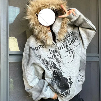 LVSANW 2025 High Street Trendy Brand Y2K Streetwear Jacket Gothic Punk Printed Fur Collar Zipper Hoodie Women Casual Loose Sweatshirt