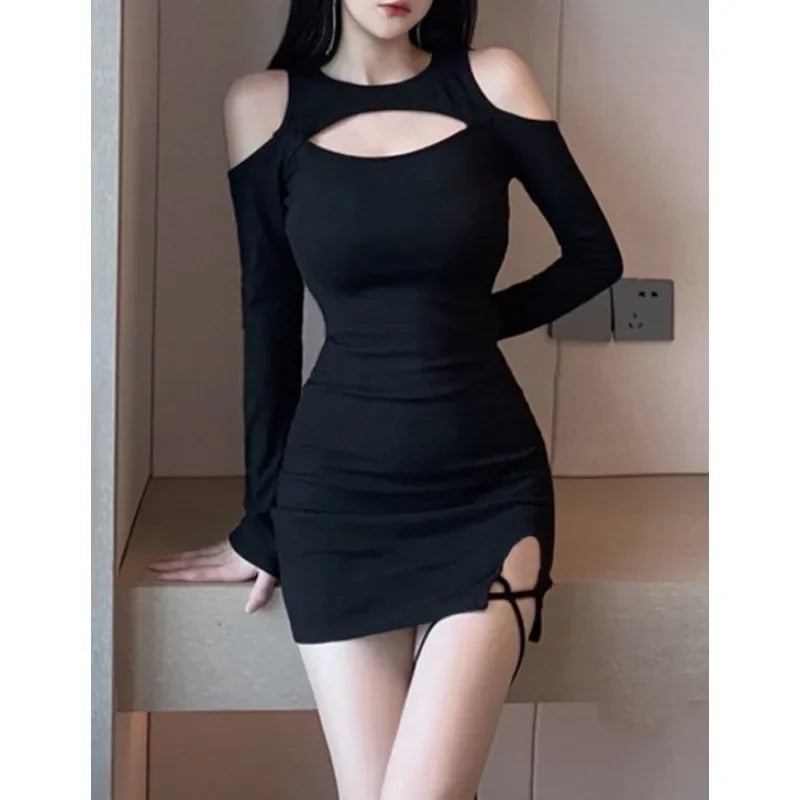 LVSANW 2Pcs Spot European and American Women's Clothing Off The Shoulder and Buttocks Sexy Hollow Out Slim Fit Solid Color Base Dress